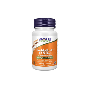 A container of Now Foods' Probiotic-10 25 Billion 30 Veg Capsules with immune support is dairy, soy, and gluten-free, and suitable for vegetarians.